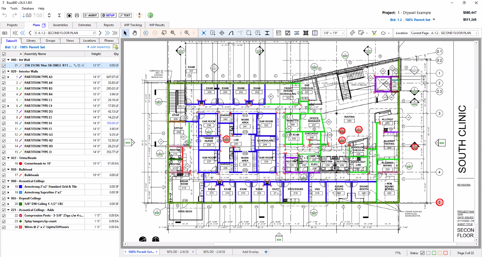 BuzzBID takeoff workspace showing color-coded plan quantities alongside the takeoff list.