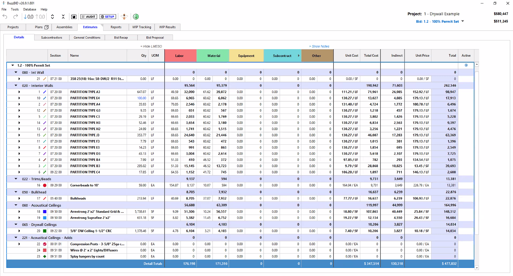 BuzzBID estimate details showing grouped wall and ceiling assemblies with quantities, labor and material costs, unit pricing, and totals.