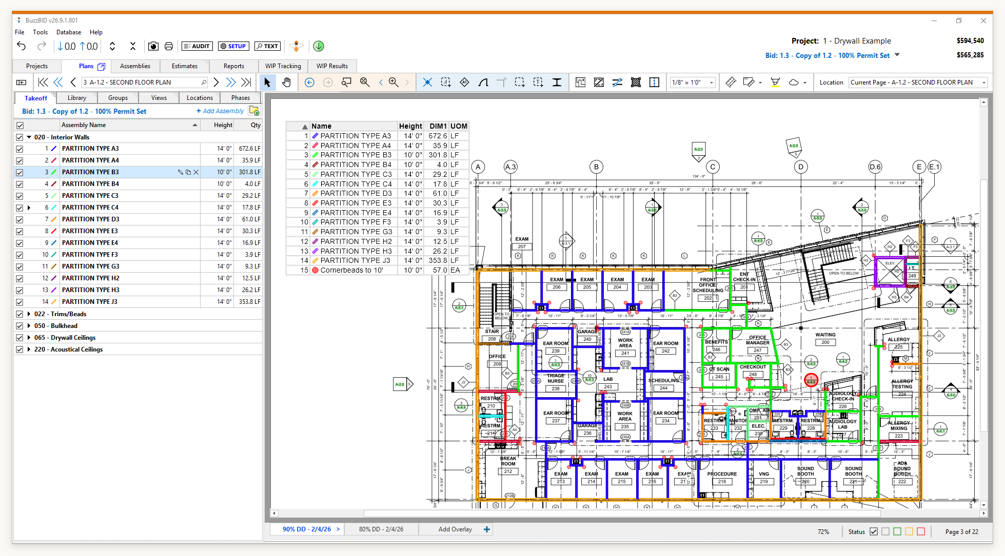BuzzBID showing a 2D second-floor plan with color-coded wall takeoffs and an assembly quantity list, framed with a thin orange accent.