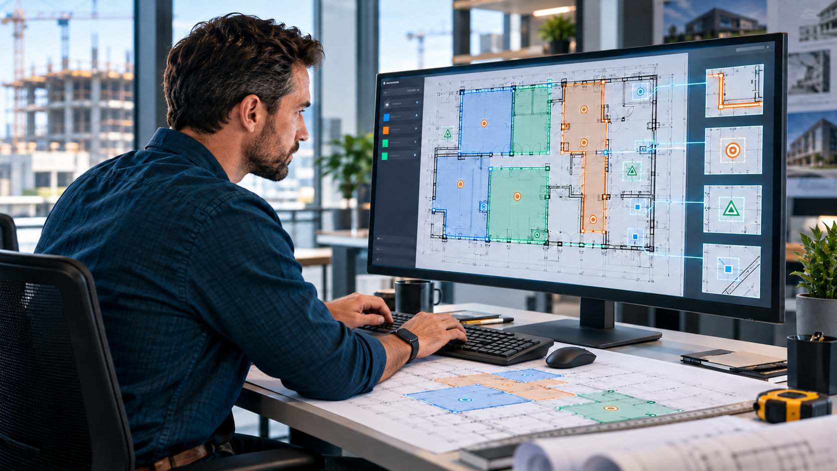 Construction estimator using a keyboard to review AI-assisted takeoff overlays on a commercial floor plan