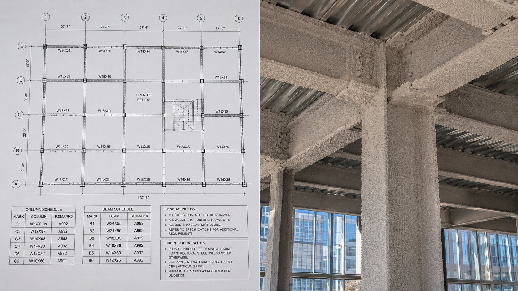 Split view showing a printed structural steel plan on the left and completed cementitious fireproofing applied to structural steel on the right, connecting the estimating workflow to the installed product.