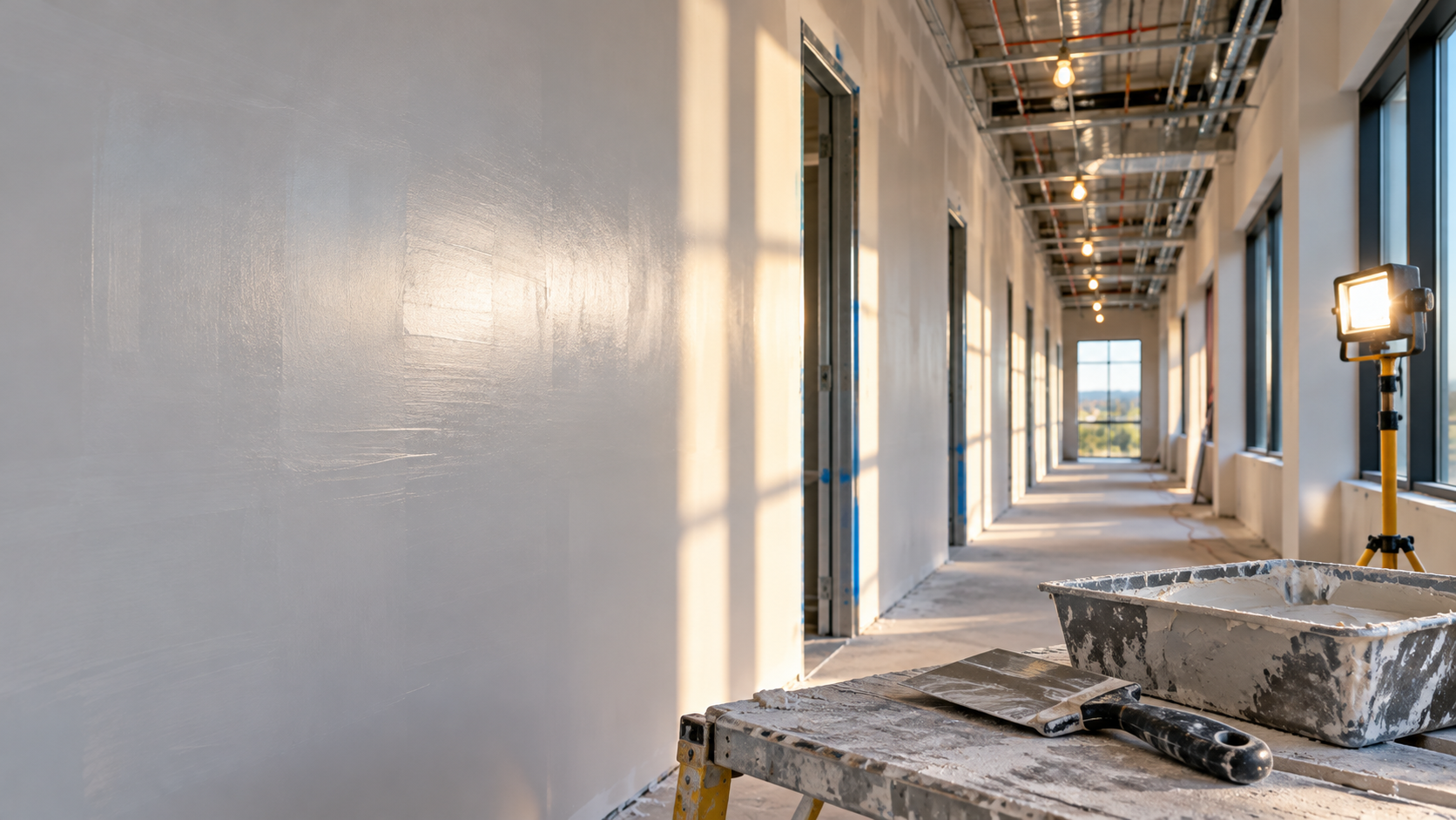 Commercial corridor walls with a Level 5 skim coat under low-angle window light, showing the level 4 vs level 5 drywall finish difference.