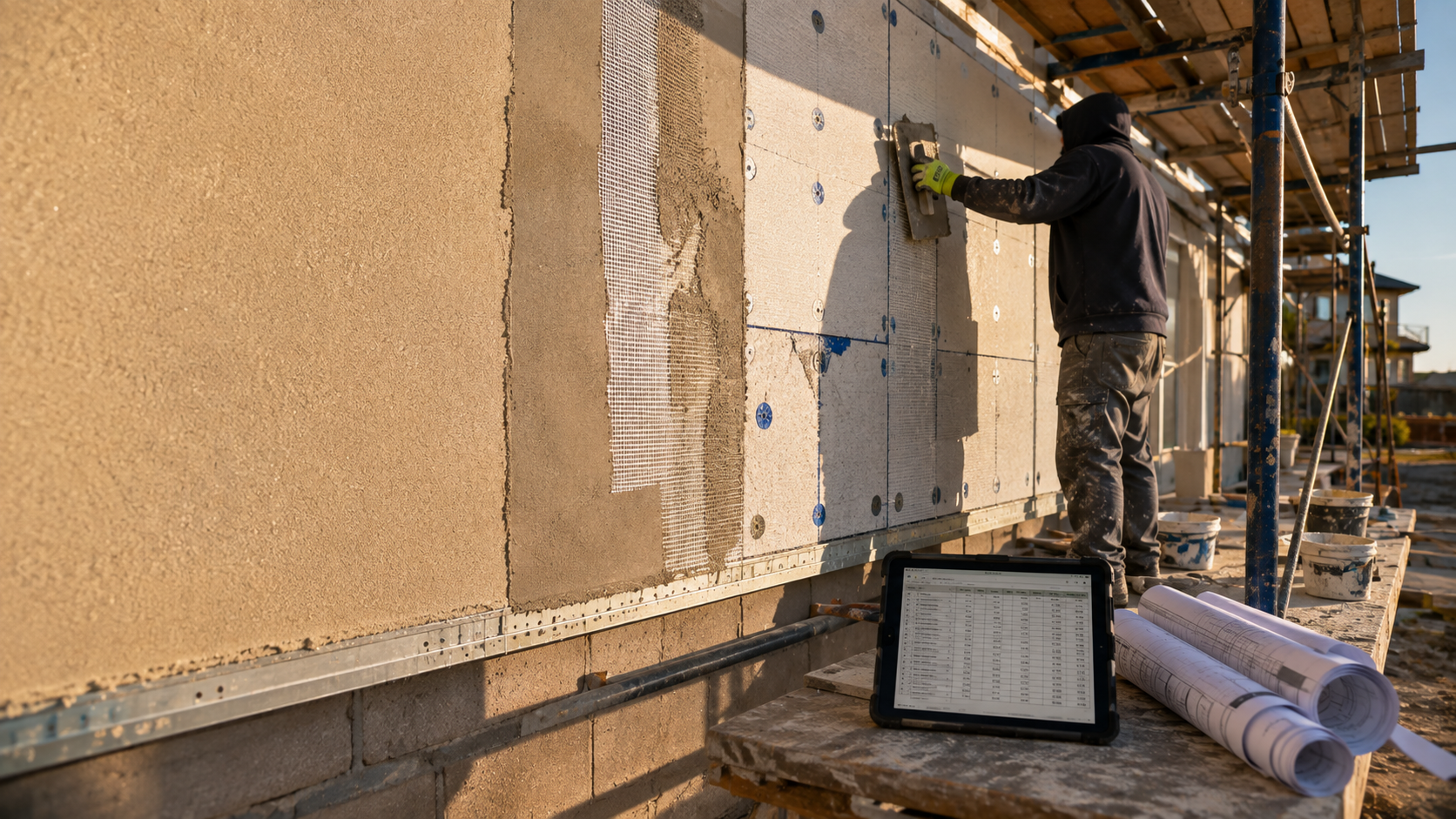 Commercial EIFS installation on a multi-story building wall showing the layered assembly of insulation board, reinforcing mesh in basecoat, and completed finish coat that commercial EIFS estimating software must account for.