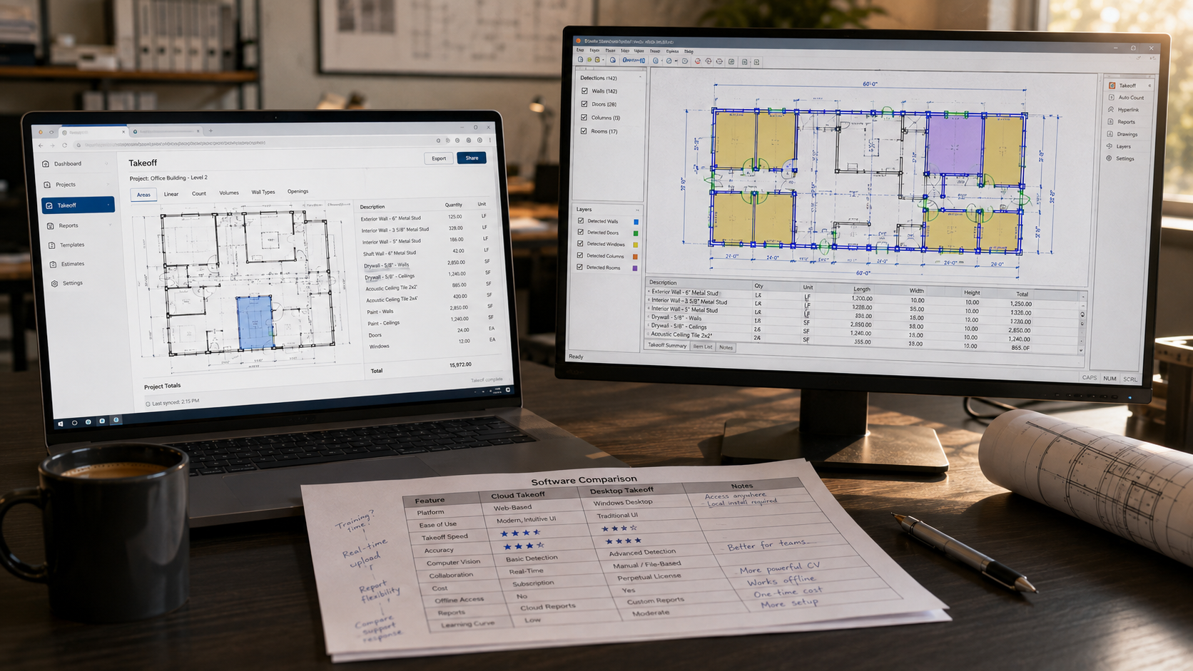 Commercial construction estimator evaluating STACK and BuzzBID takeoff and estimating software side by side, with cloud-based STACK on one screen and desktop BuzzBID on another for direct feature and pricing comparison.