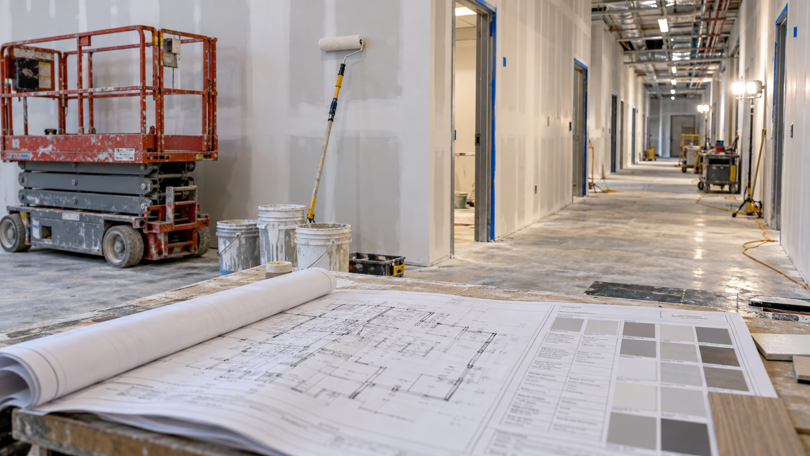Commercial hallway with primed walls, a scissor lift, and a finish schedule used to estimate a commercial painting job.