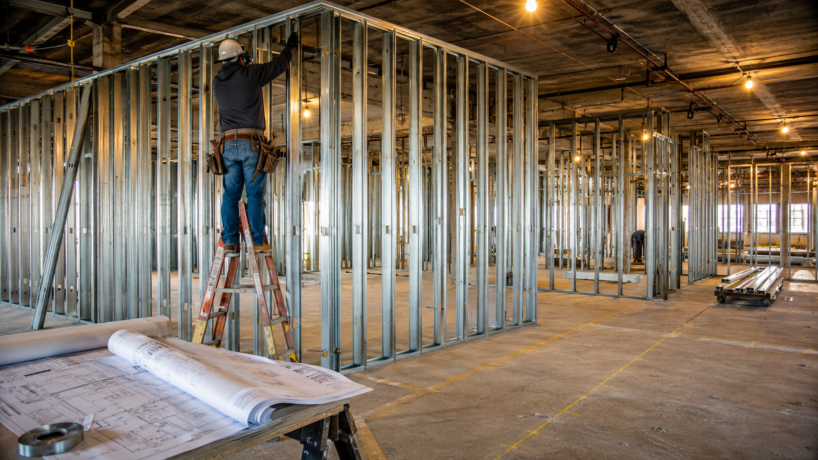 Commercial metal stud framing installation showing cold-formed steel studs at standard spacing with top and bottom track runners forming multiple partition walls on an open commercial floor, the trade estimated by metal framing estimating software.