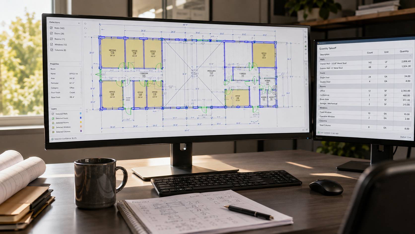 Computer vision takeoff software analyzing a commercial construction floor plan with automatic detection overlays highlighting walls, doors, and room areas for automated quantity measurement.