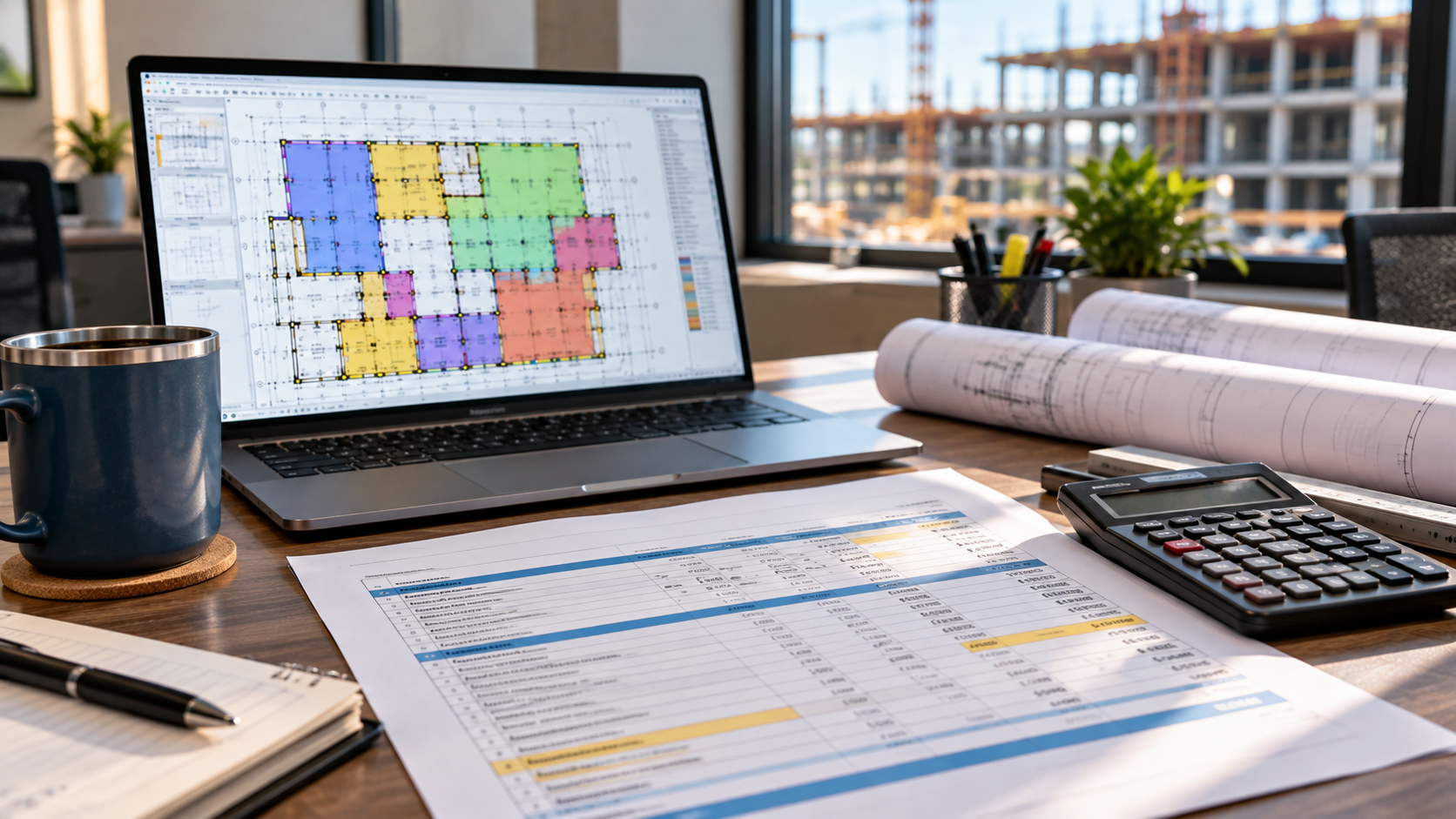 Estimator's desk with a takeoff plan on a laptop and a printed subscription quote, comparing Autodesk Forma Takeoff pricing.