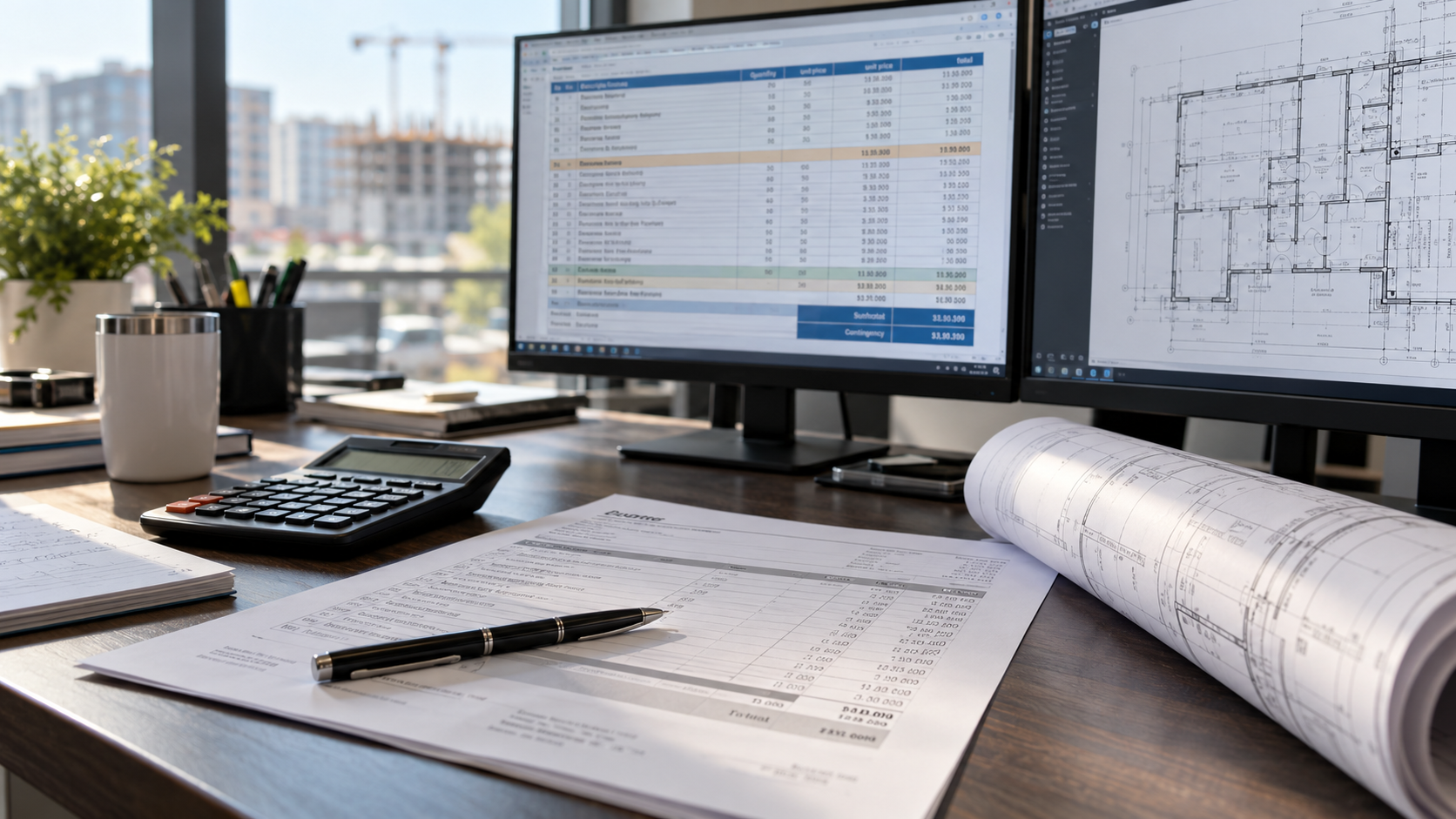 Construction estimator's desk with a software quote, a cost estimate on screen, and commercial blueprints used to compare Quick Bid software cost.