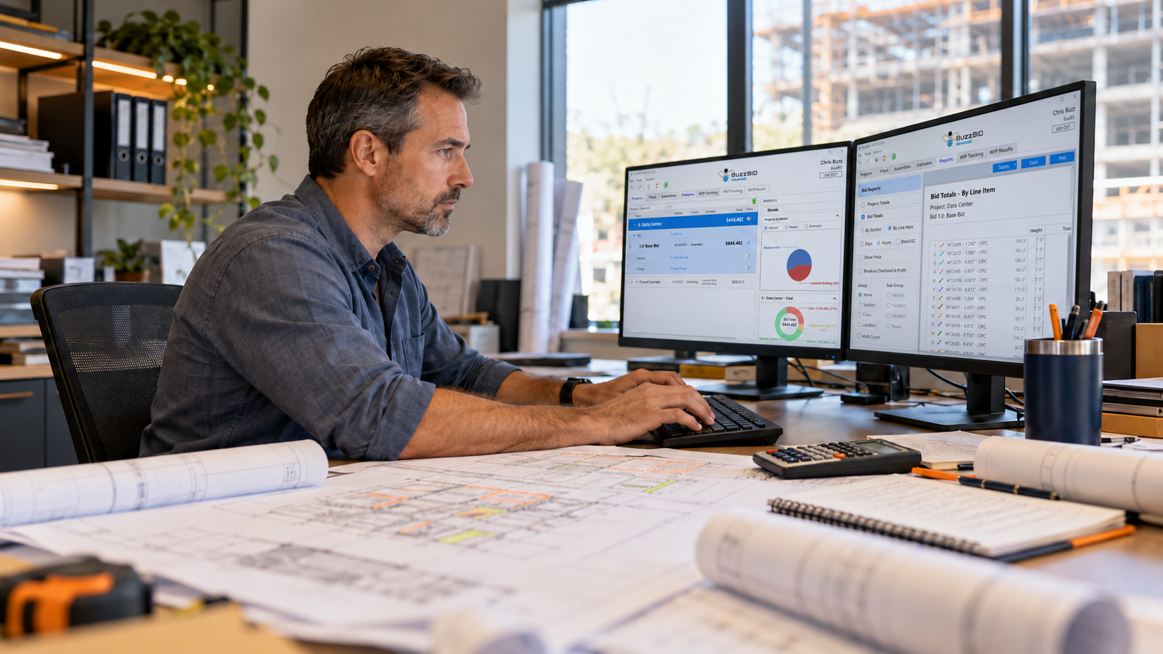 Construction estimator reviewing a commercial bid with BuzzBID project analytics and bid reporting on dual monitors.