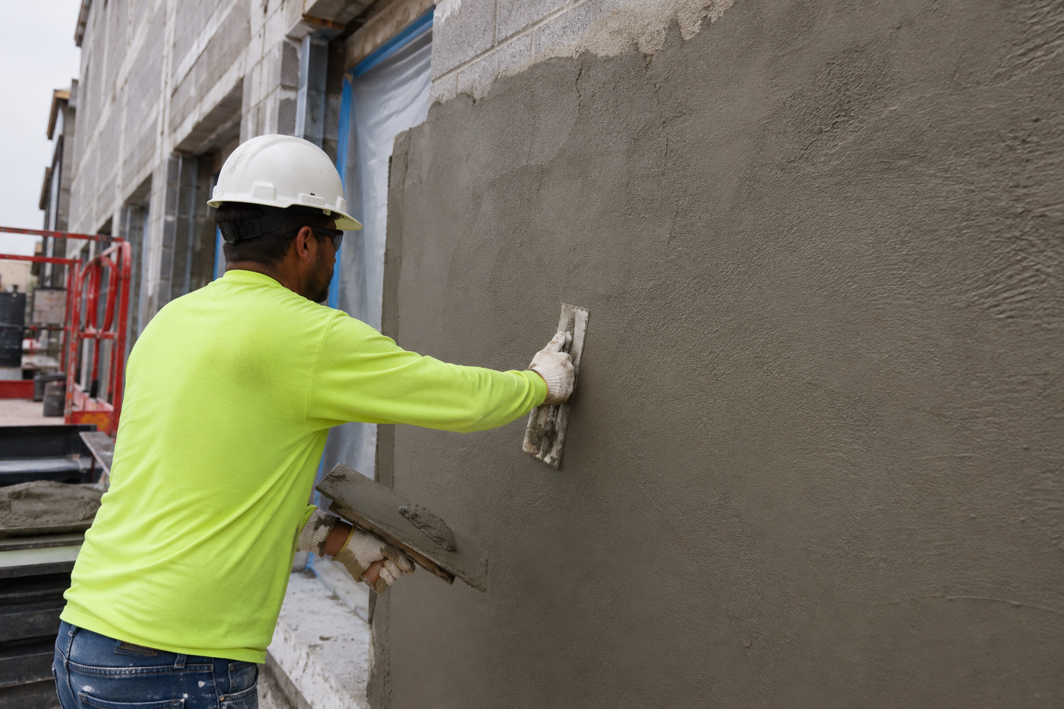 Plastering contractor applying stucco to an exterior wall with a trowel