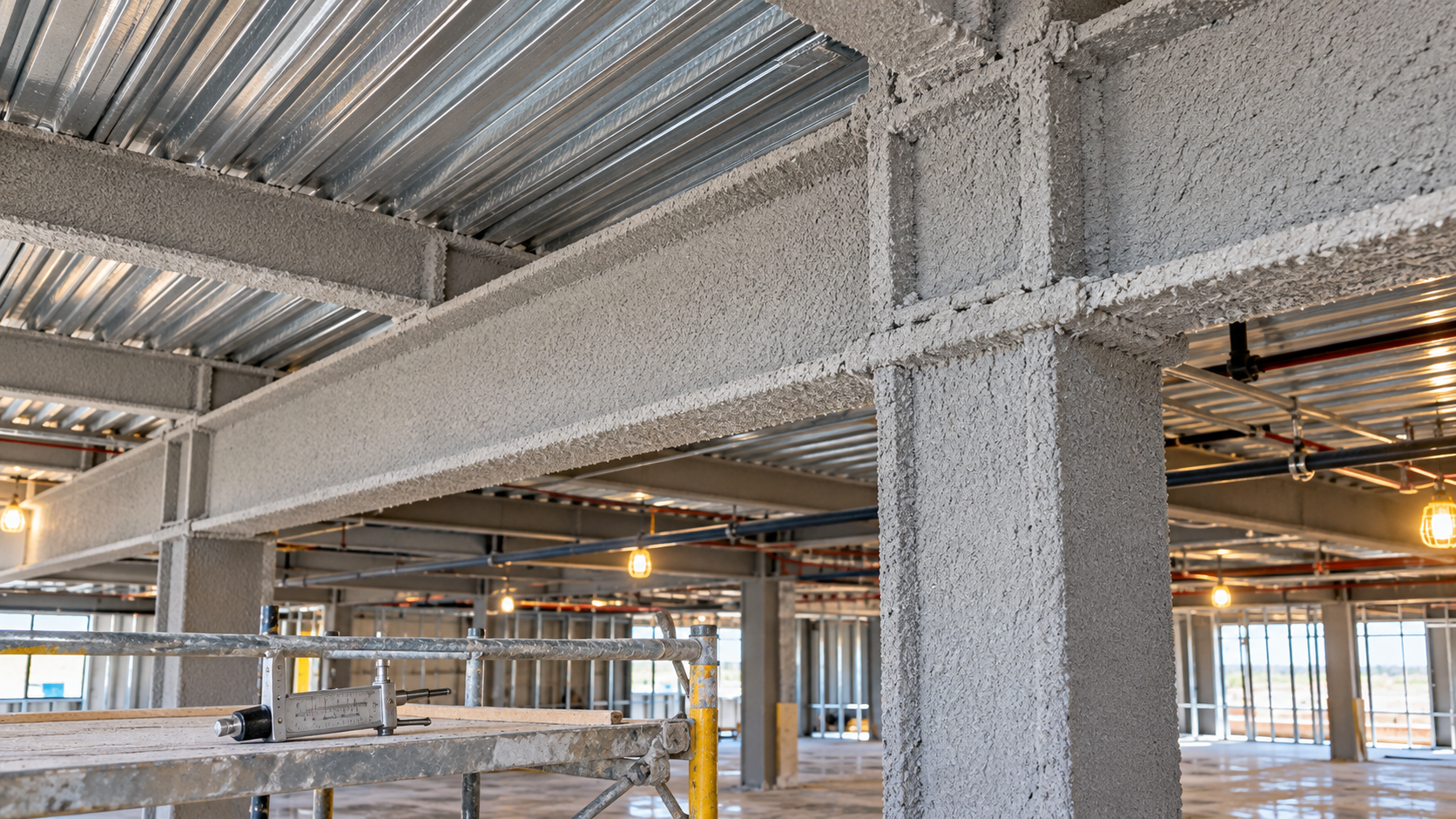 Structural steel beams and column under metal deck with spray-applied fireproofing, sized using the W/D ratio.