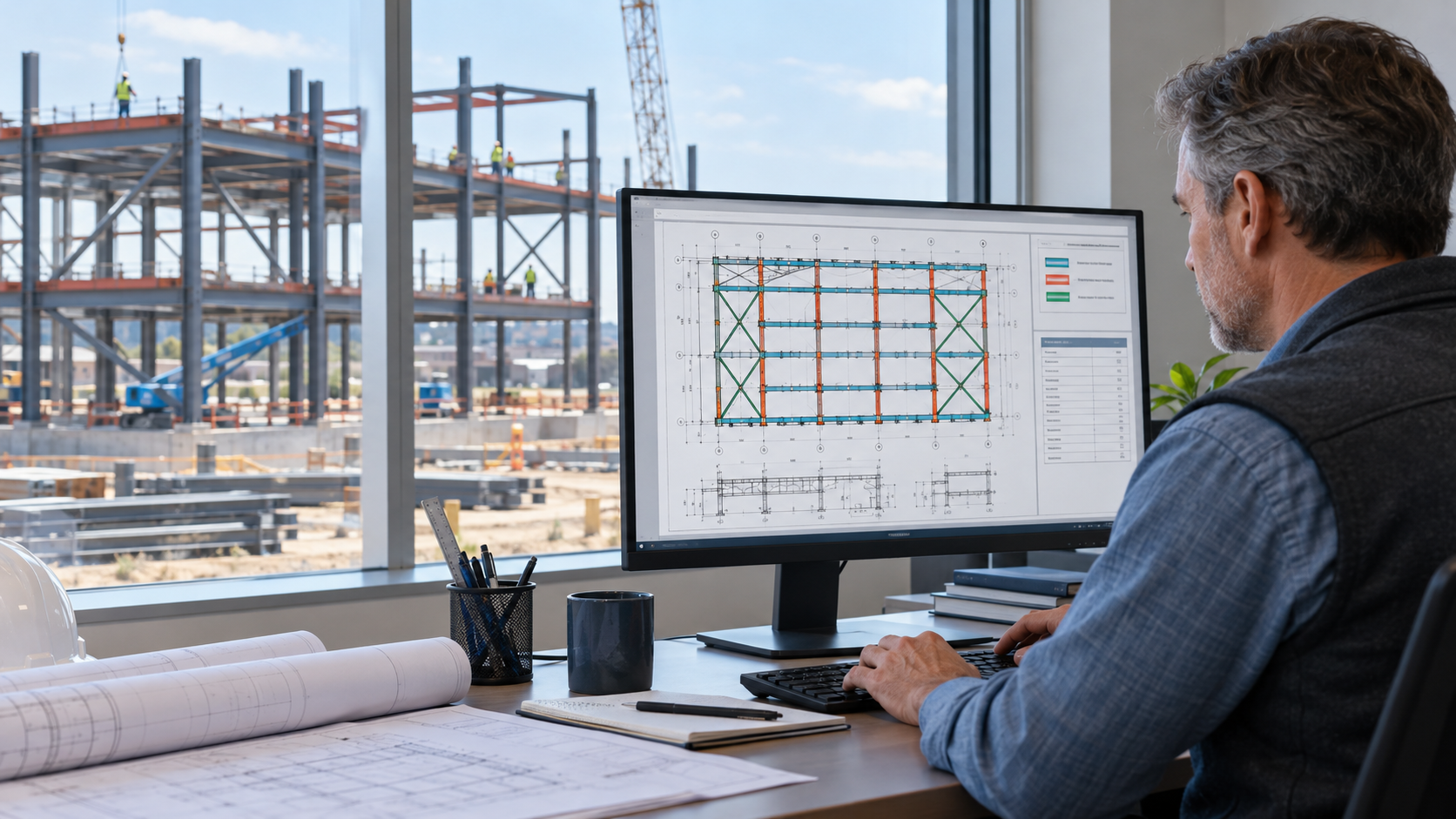 Structural steel estimator reviewing color-coded beam, column, and bracing takeoff on a PDF drawing