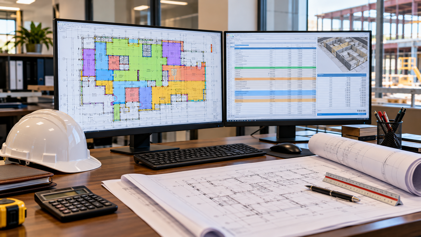 Estimator's dual monitors showing a highlighted plan takeoff and a finished bid proposal, comparing BuzzBID vs. Bluebeam.